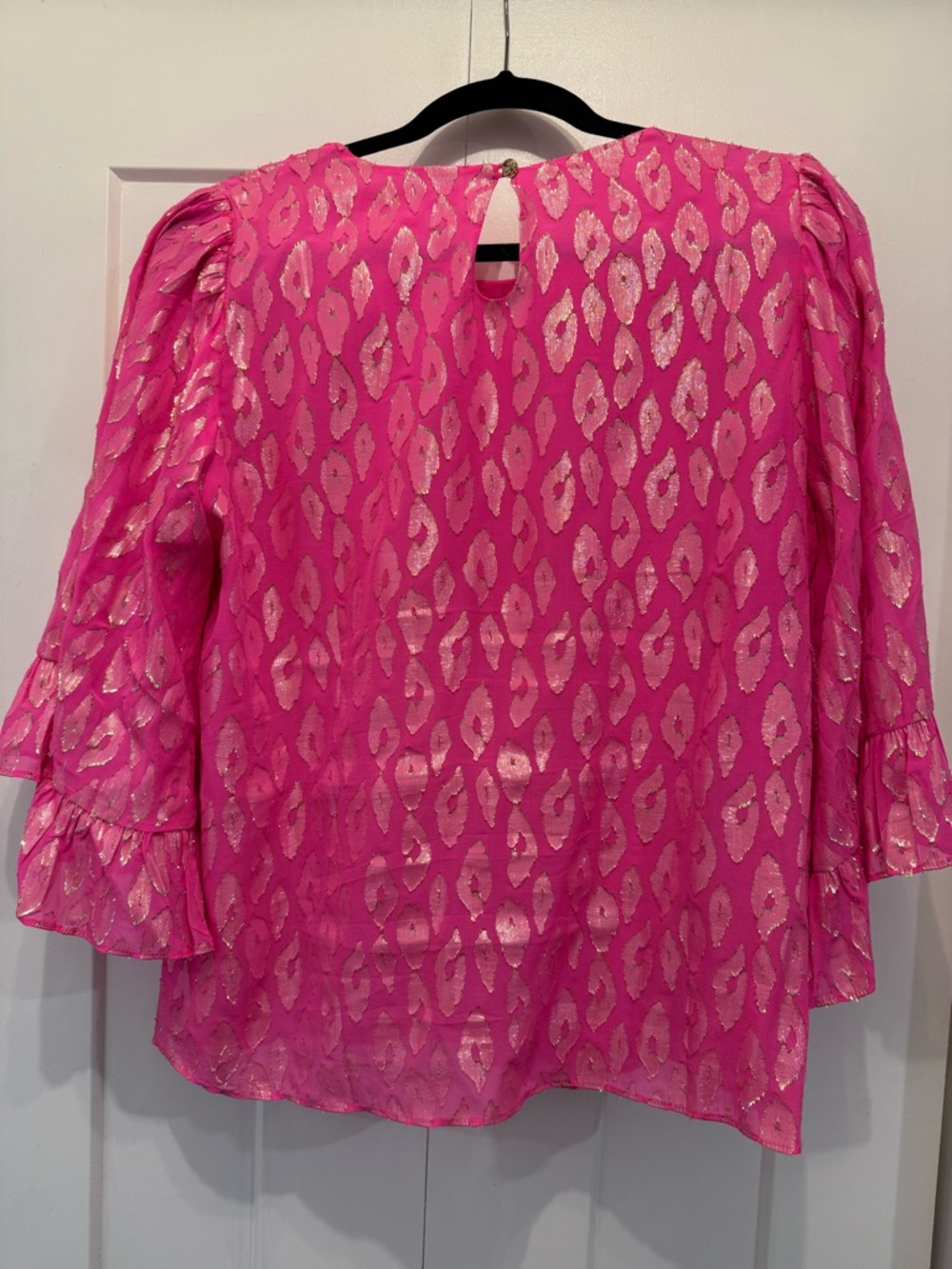 Lilly Pulitzer Hot Pink Metallic Leopard Print Ruffle-Sleeve Blouse - Picture 2 of 3